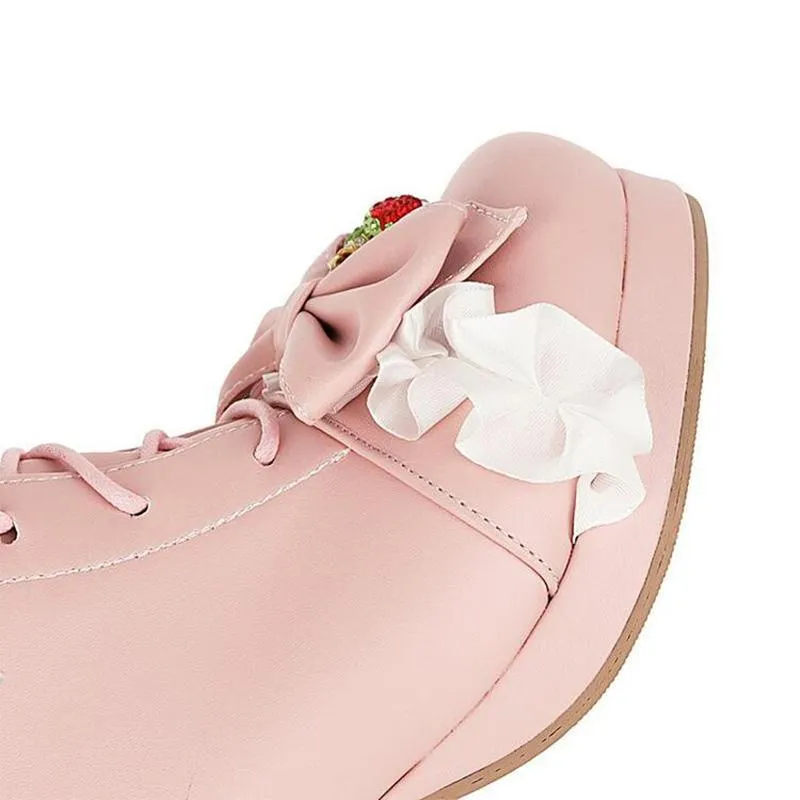 Bow Knot Sweet Strawberry Lace Up Boots